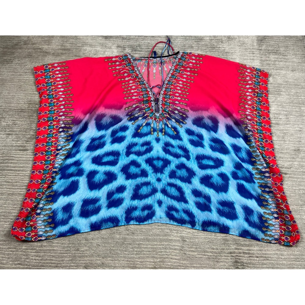 White Mark Kaftan Top Womens OS‎ Pink Blue Leopard Jeweled Lace Up Boho Batwing